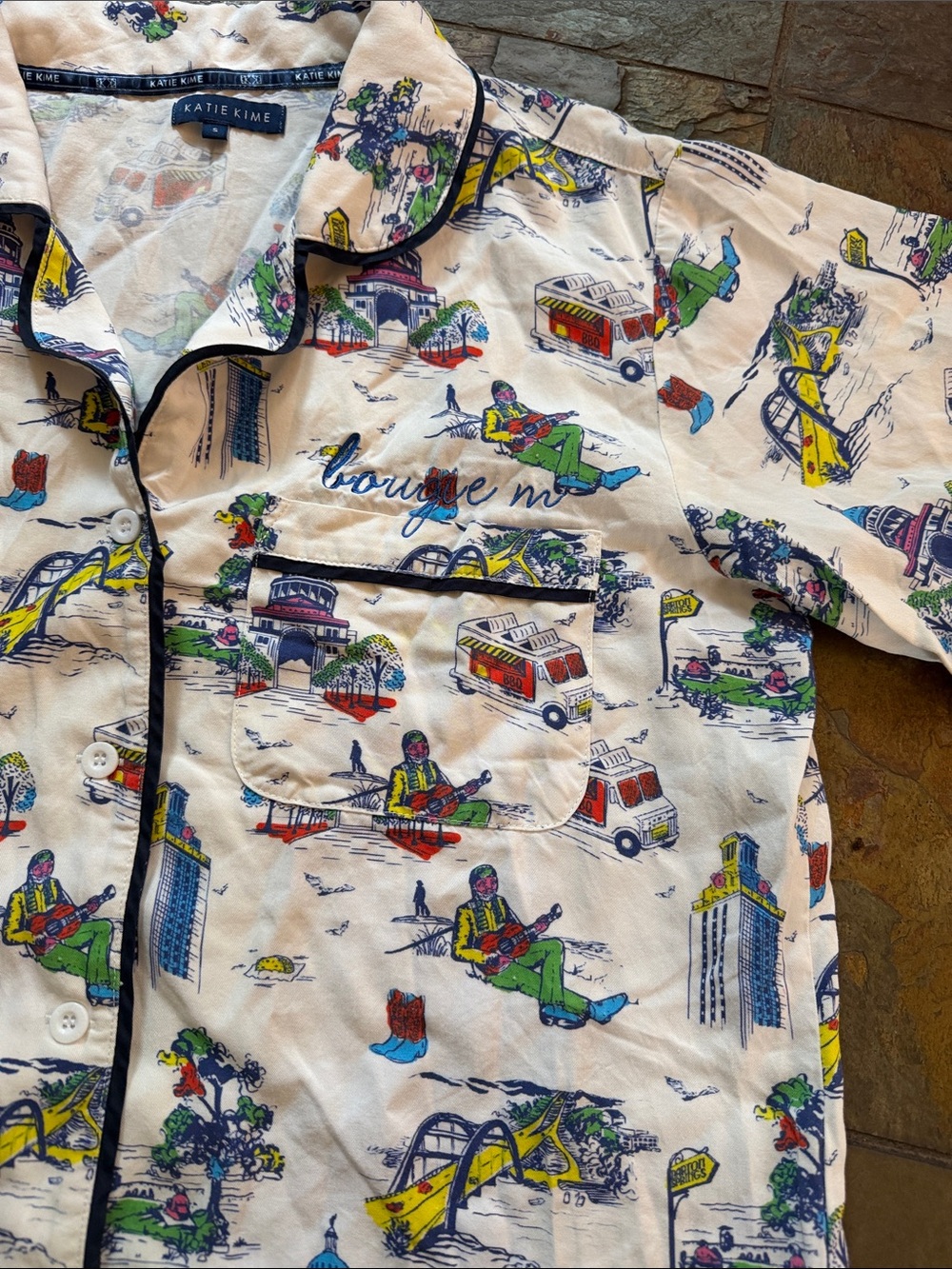 Katie Kime  Button-up pajama Top 100% cotton Austin, Texas scene size small